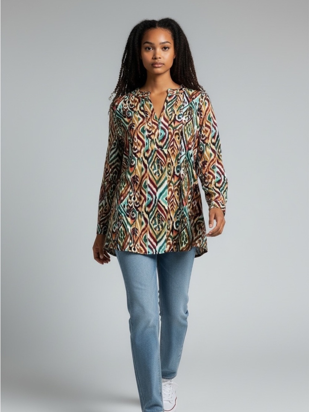 Rafaella Tunic Blouse | 3/4 Sleeve Career Top | Boho Geometric Print | EUC